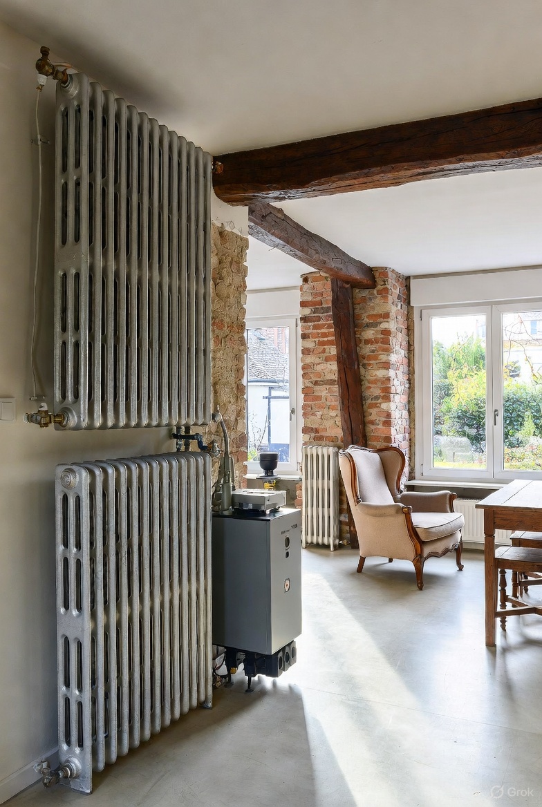Une belle maison individuelle de style années 1930, typique de la région lyonnaise, avec des murs en pierre apparente et des huisseries blanches neuves à double vitrage.